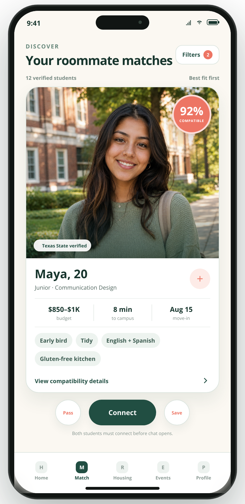 Roommate profile with a 92 percent compatibility score